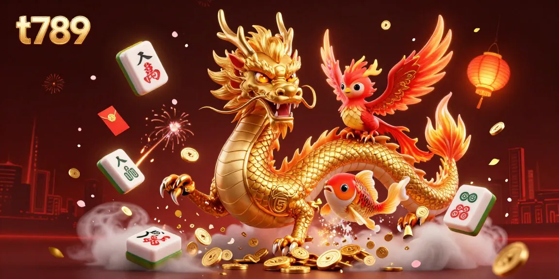 Experience thrilling wins at t789 with a fierce dragon and phoenix amidst vibrant casino elements.