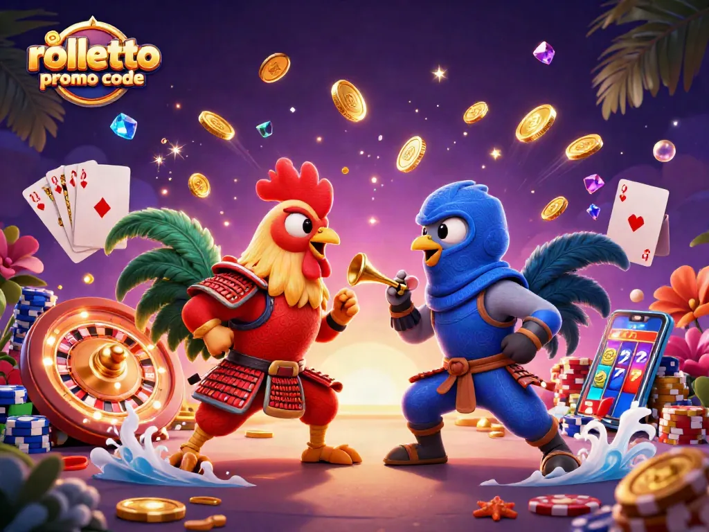 Play and win with rolletto promo code in a vibrant casino scene with roosters battling, coins, and slots.