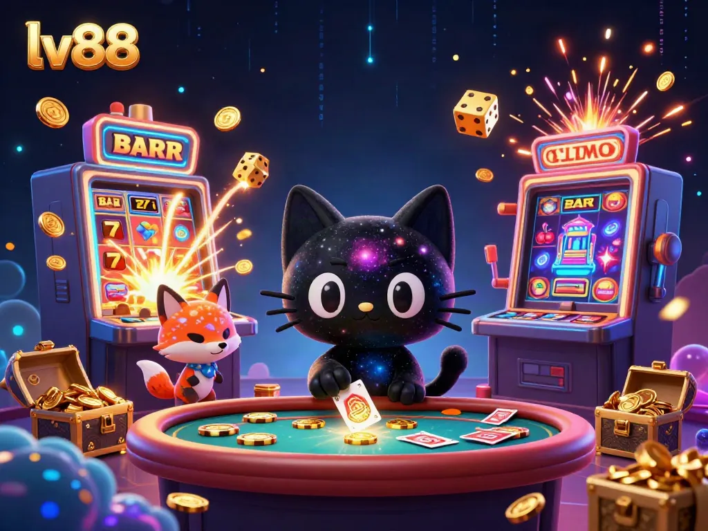lv88 players hitting jackpots with a black hole cat and colorful nebula fox at an exciting casino table.