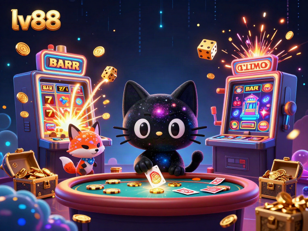 lv88 players hitting jackpots with a black hole cat and colorful nebula fox at an exciting casino table.