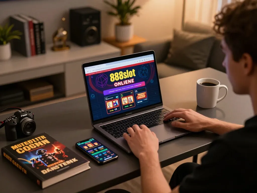 Engaging online gambling experience with 888slot on a laptop, showcasing dynamic gameplay.
