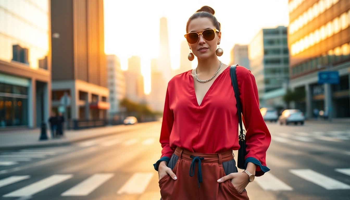 Stylish urban woman confidently modeling vibrant women fashion jumpsuit.