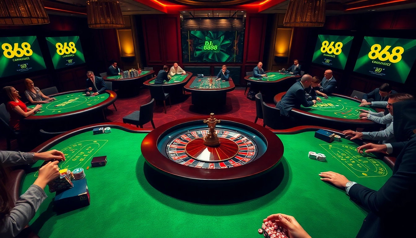 Engage in thrilling gameplay at BJ 888's luxurious casino tables featuring poker chips and dice.