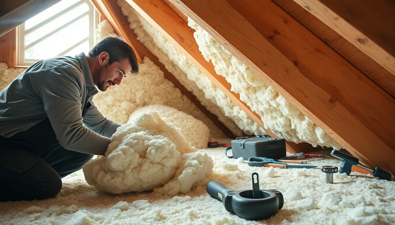 Loft insulation removal specialist working diligently in an attic space.