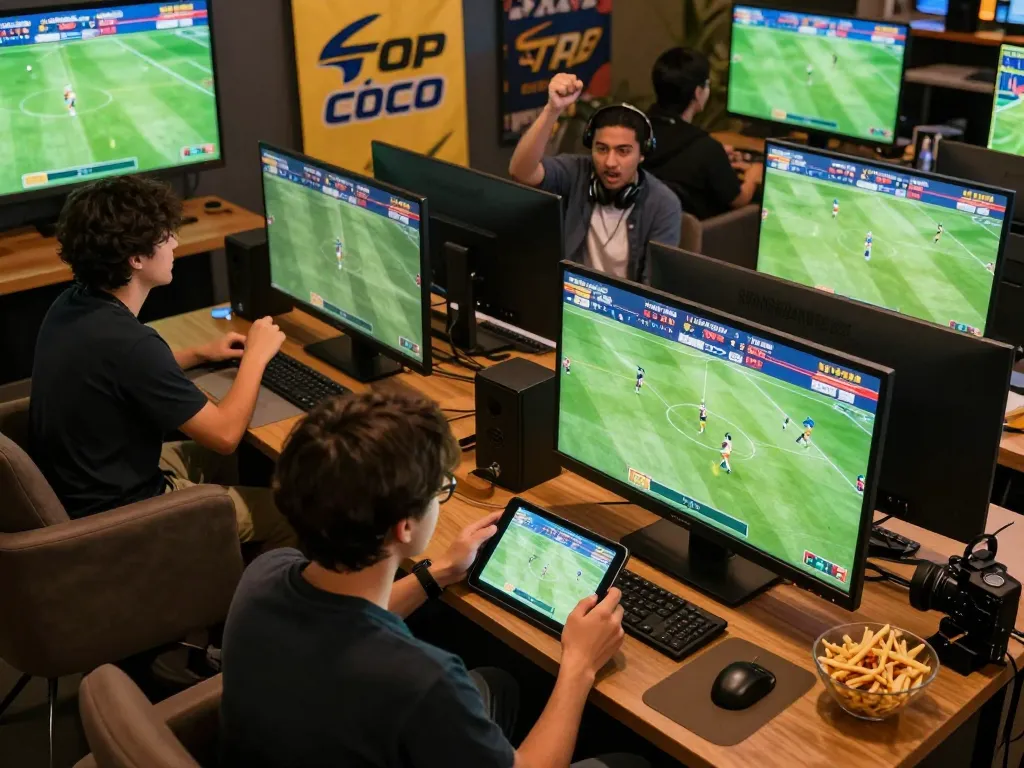 Engaging sports betting atmosphere showcasing trang cá cược bóng đá with live match screens and excited players.