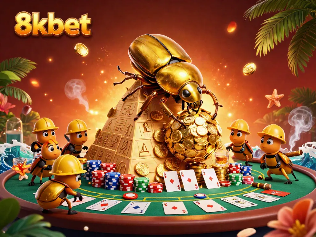 Experience the excitement of 8xbet with a vibrant, action-packed scene showcasing a golden dung beetle amidst casino elements.