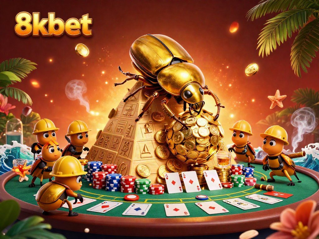 Experience the excitement of 8xbet with a vibrant, action-packed scene showcasing a golden dung beetle amidst casino elements.