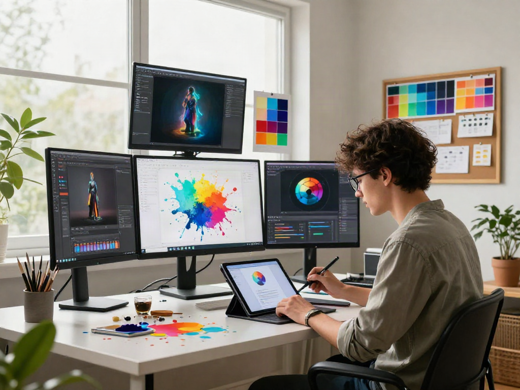 ai nsfw artistic workspace with digital art tools and vibrant visuals