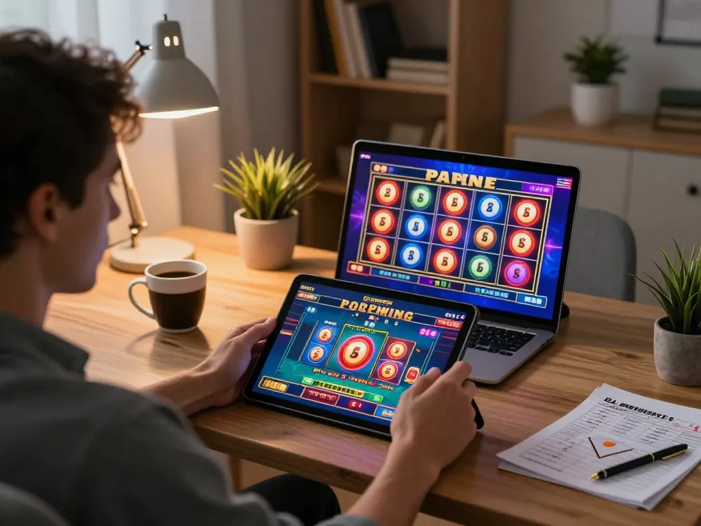 Player enjoying online casino slots using a tablet in a cozy home office, showcasing rokok 88 gaming experience.
