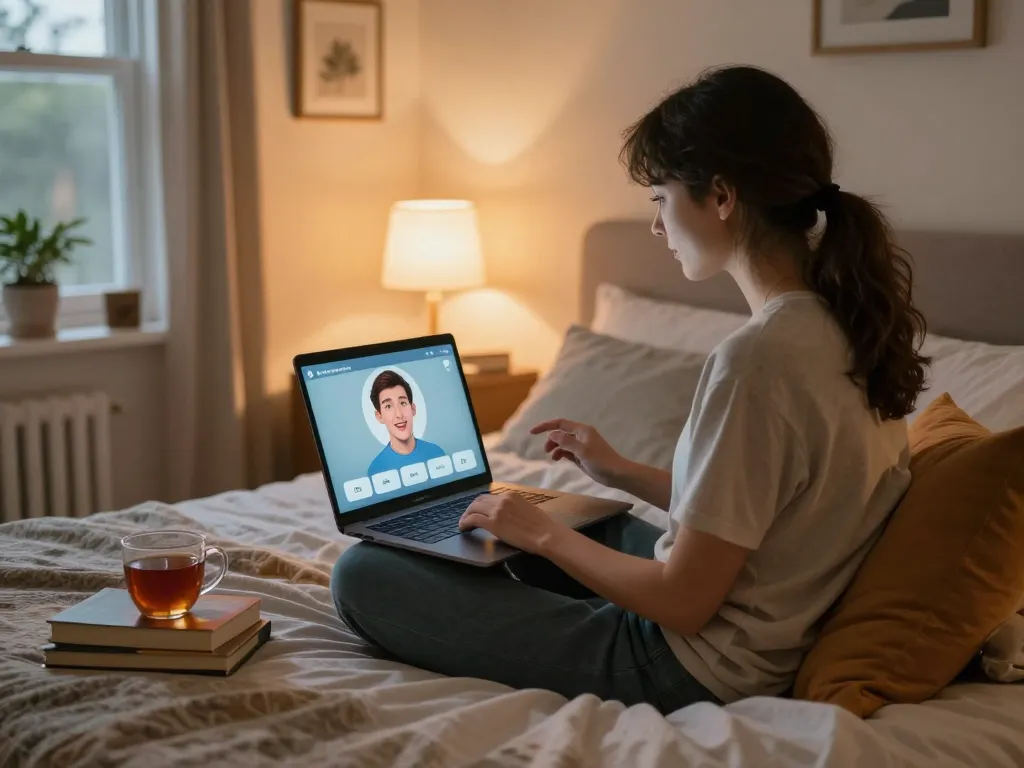 Engaging in a sex chat ai conversation in a cozy bedroom setting, showcasing intimacy and technology.