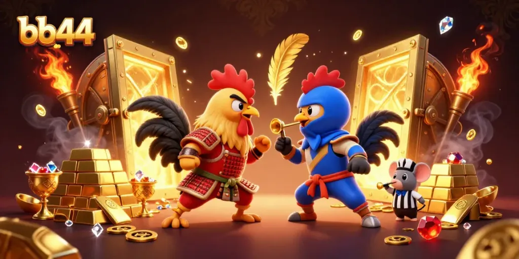Engage in bb44 gaming with 3D cartoon roosters in a dramatic showdown amid gold treasures.