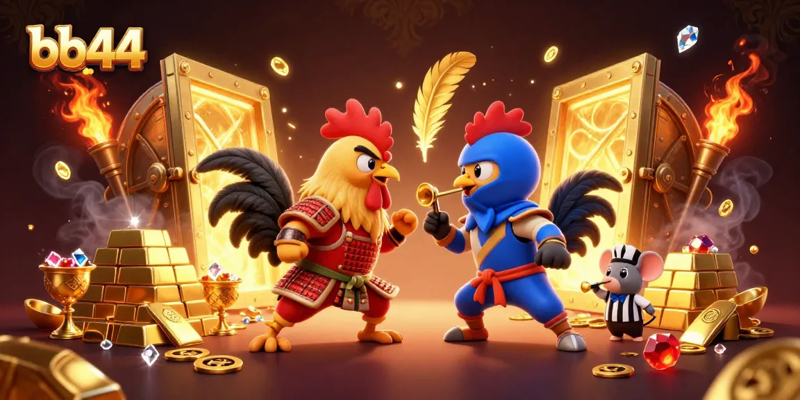 Engage in bb44 gaming with 3D cartoon roosters in a dramatic showdown amid gold treasures.