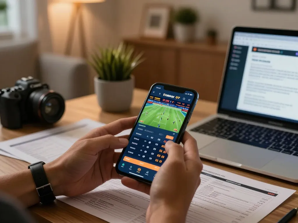 Engaging sports betting moment with smartphone displaying odds at nhà cái wstar77 in a cozy home setting
