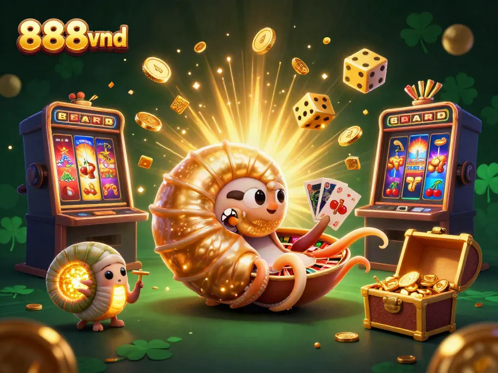 Experience the excitement of 888vnd with a giant nautilus and bursting slot machine in this vibrant casino scene.