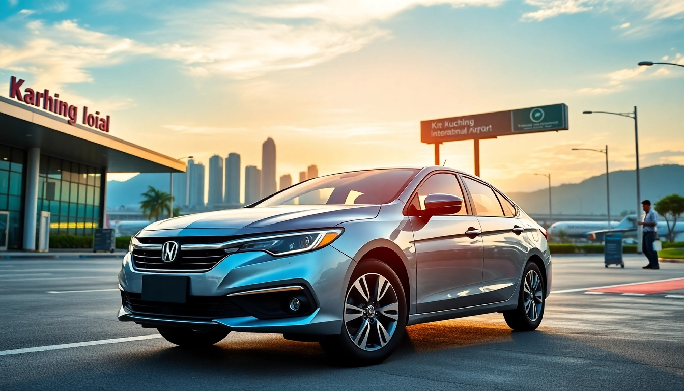 Kuching rent a car service at the airport with a sleek vehicle and friendly representative.