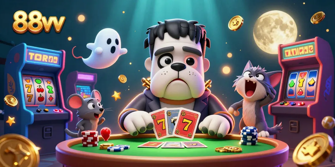 Engage with 88vv's thrilling casino experience featuring a Frankenstein bulldog dealing cards and vibrant slot reels.