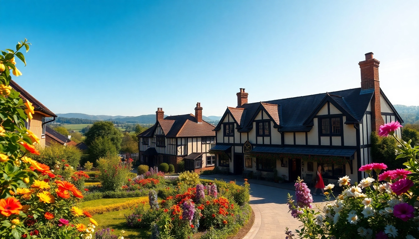 Pyrford village vibrant gardens with traditional architecture creating a serene atmosphere.