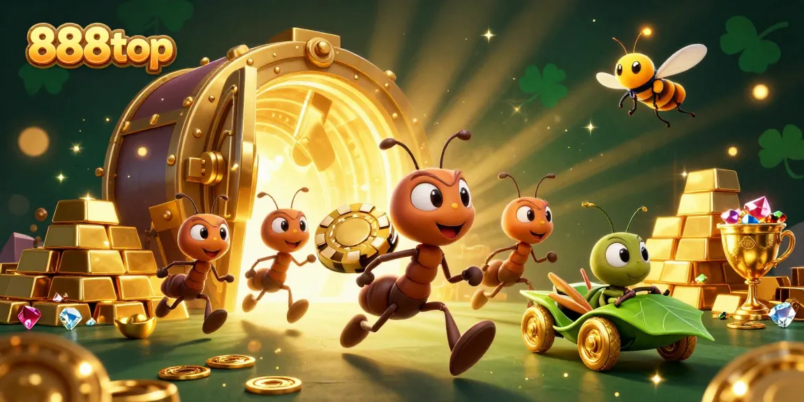 Experience the thrilling adventure of 888top with ants heisting a giant poker chip amidst treasures and gems.