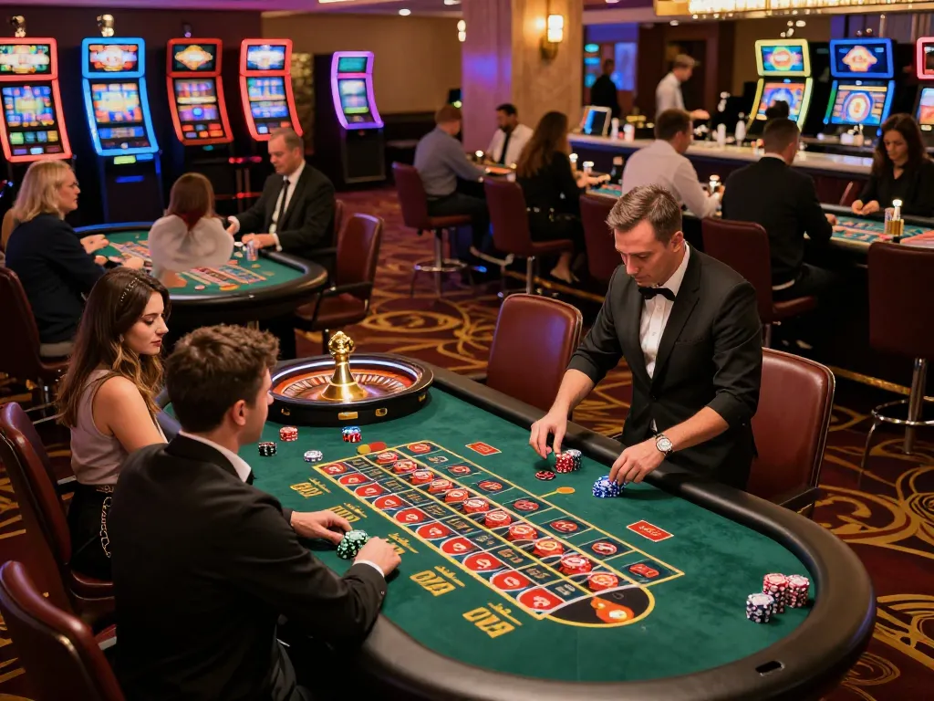 E2BET players placing bets at roulette tables in a vibrant casino atmosphere