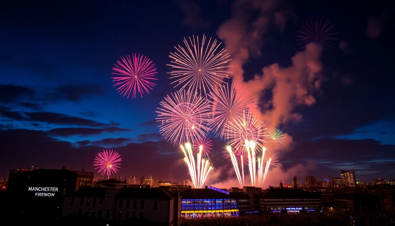 Experience stunning Manchester fireworks lighting up the night sky over the cityscape with vibrant colors.