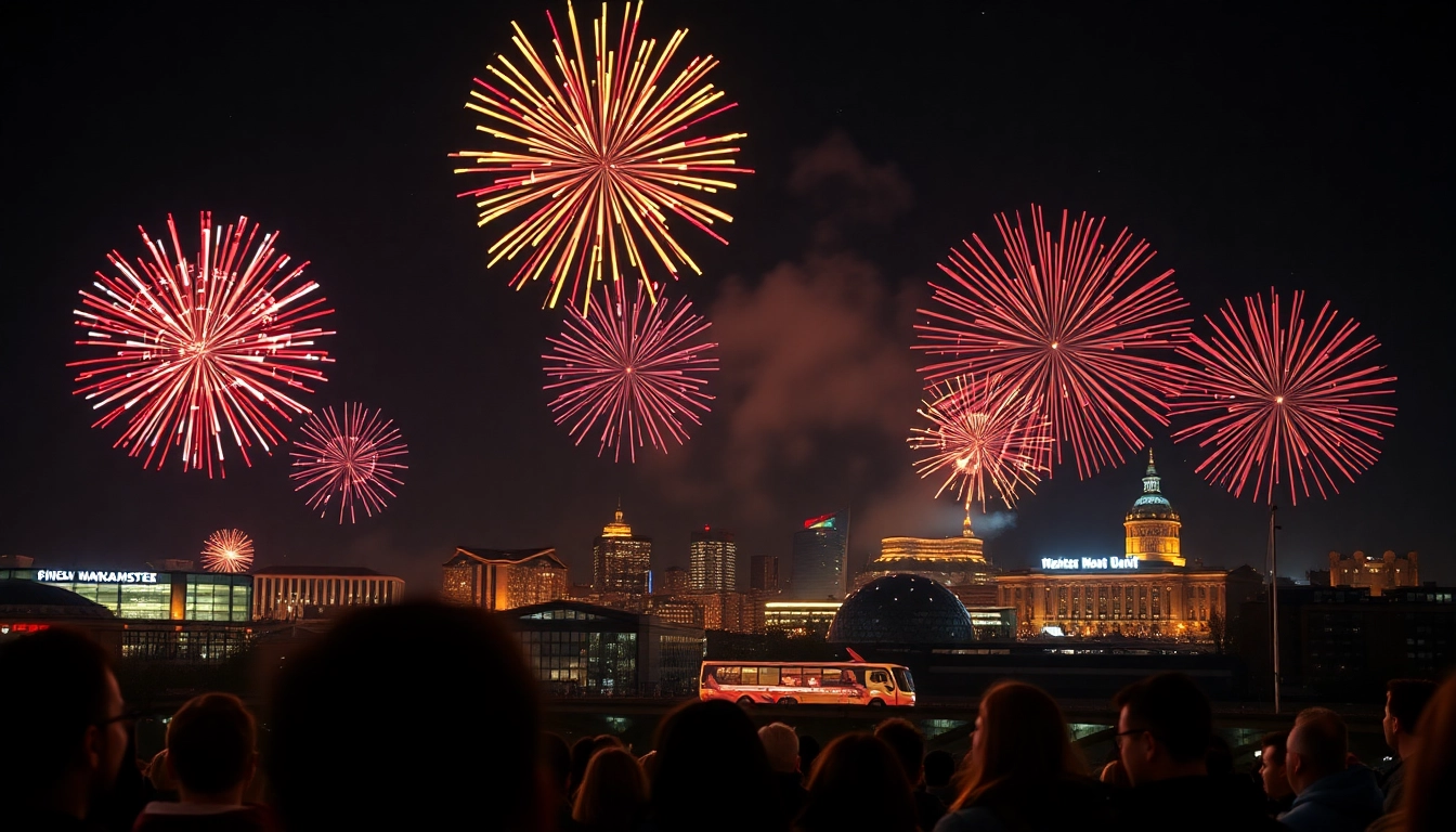 Experience the brilliance of manchester fireworks lighting up the night sky over a crowded celebration.