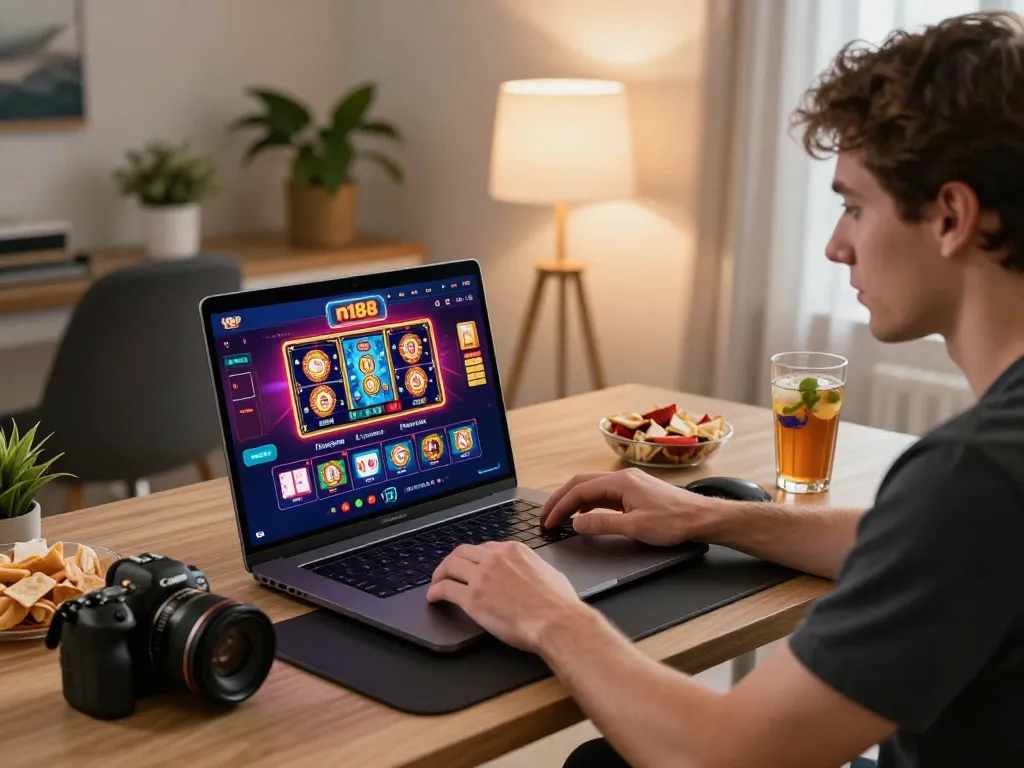 Player engaging in online gaming on n188, showcasing an immersive casino experience with laptop and vibrant graphics.