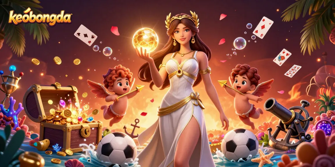 Bet on keobongda's exciting sports odds illustrated with a goddess and cherubs for dynamic engagement.