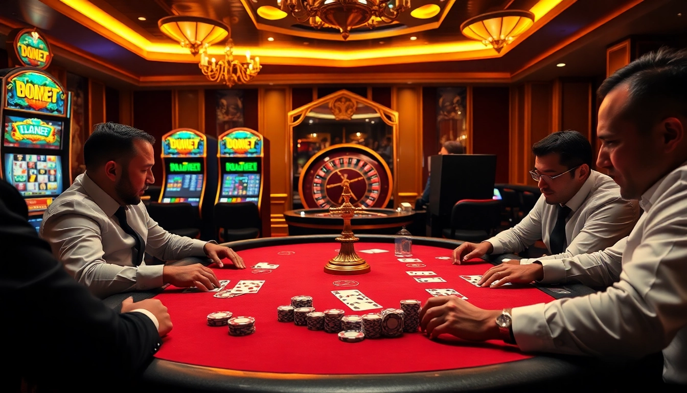 Engaging poker players at a luxurious casino table, showcasing the excitement of https:/nk88.us.com/ gaming.