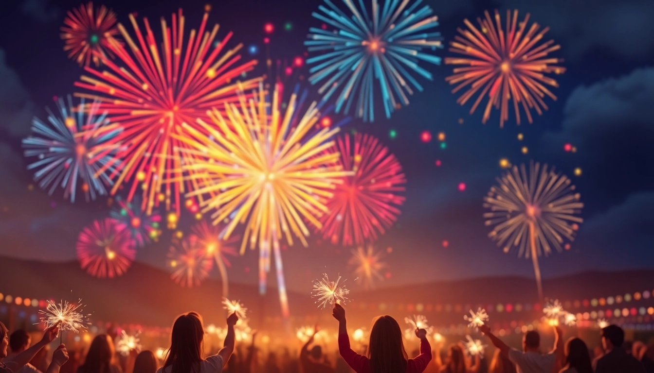 Celebrate with vibrant fireworks for sale illuminating the night sky over a festive crowd.