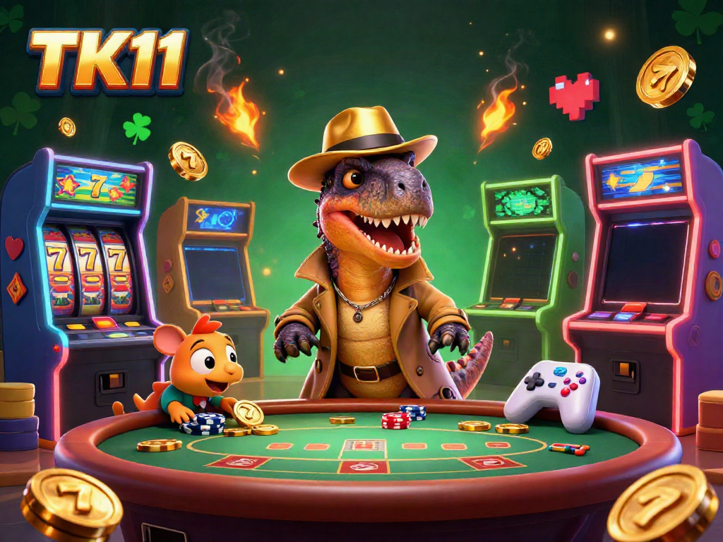 Engage in thrilling gameplay at TK11 featuring a velociraptor at a blackjack table with vibrant casino elements.