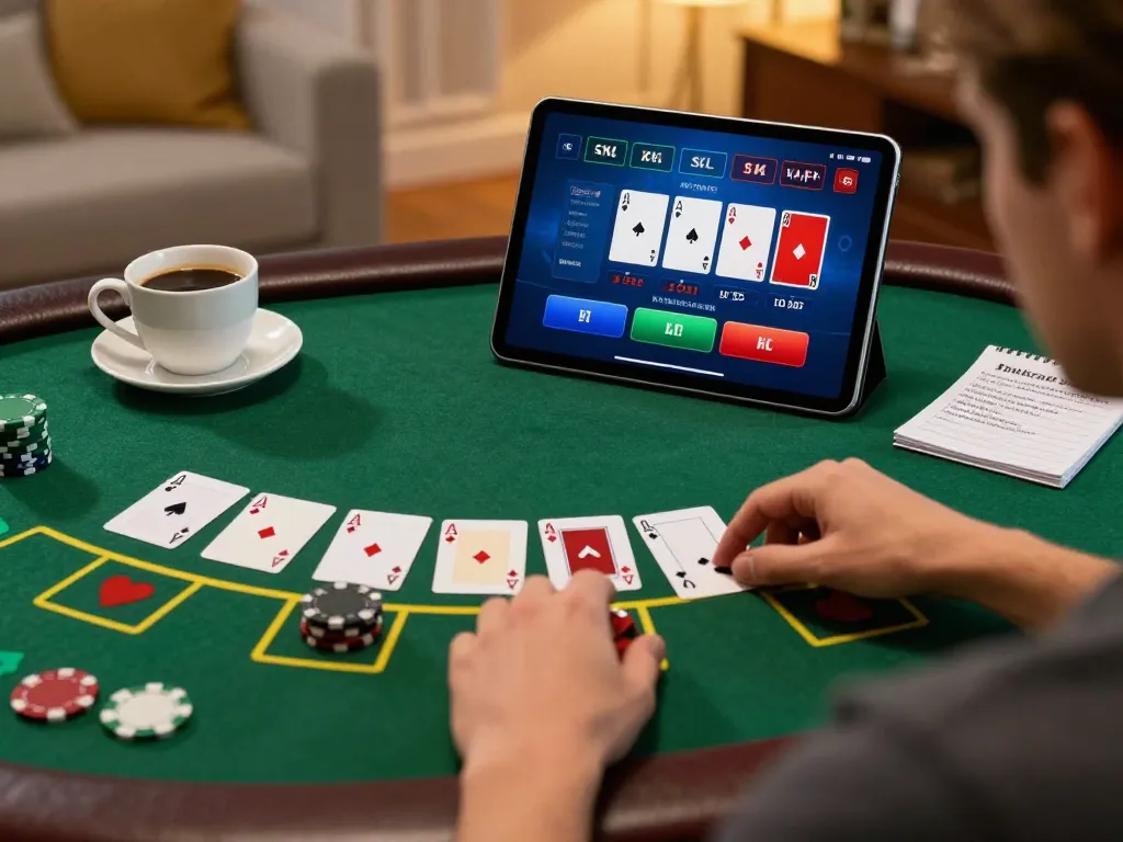 Player enjoying engaging blackjack game on 8kbet tablet in cozy home setting