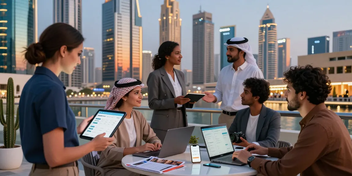 Engaging scene of Airbnb management in Dubai with hosts, managers, and data analysis, showcasing vibrant rental dynamics.