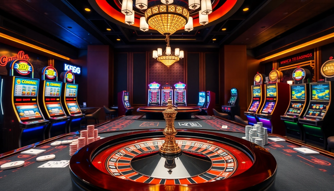 KJC casino scene featuring luxurious tables, vibrant slot machines, and exciting gameplay.