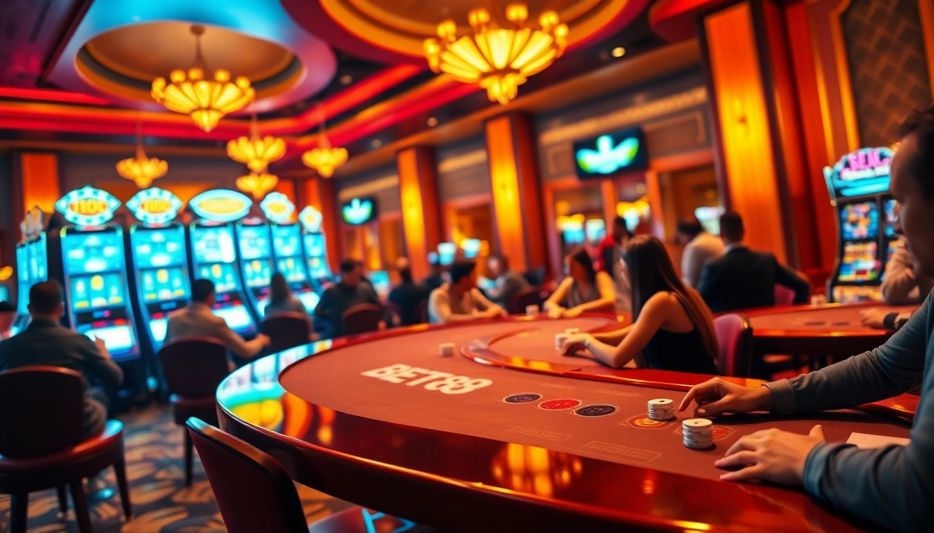 BET88 casino tables and online gambling excitement with vibrant slot machines and players.