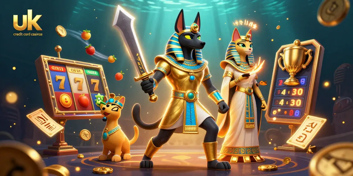Engage with uk credit card casinos featuring Anubis and Bastet surrounded by dynamic gaming elements.