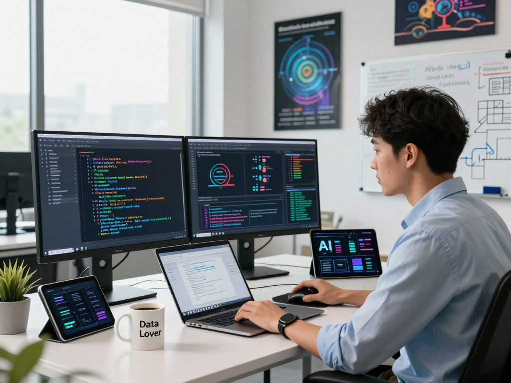 Data scientist analyzing machine learning models with juicy ai in a modern office.