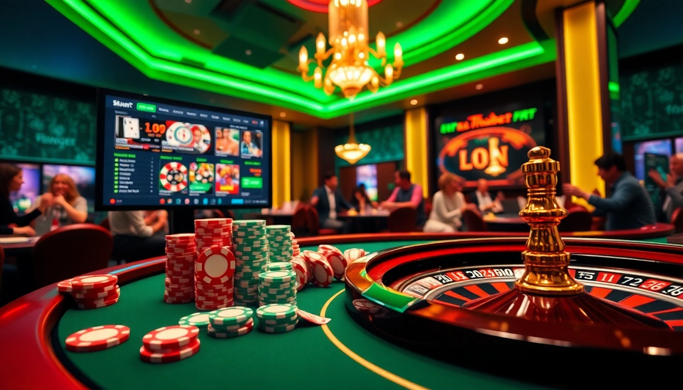 Nền tảng thabet showcasing vibrant casino action with poker chips and a roulette wheel.