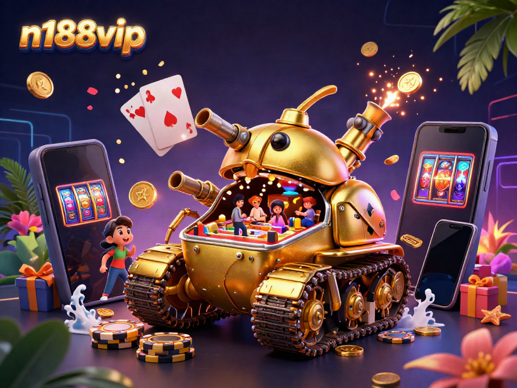 Experience the excitement of n188vip with a dazzling 3D casino tank featuring slot games and vibrant game elements.
