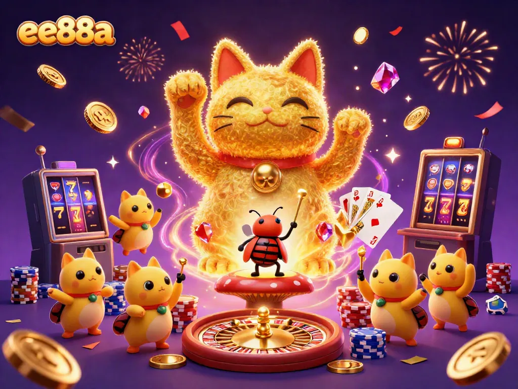 Capture the essence of ee88a with a lucky cat and casino symbols in a vibrant 3D digital illustration.