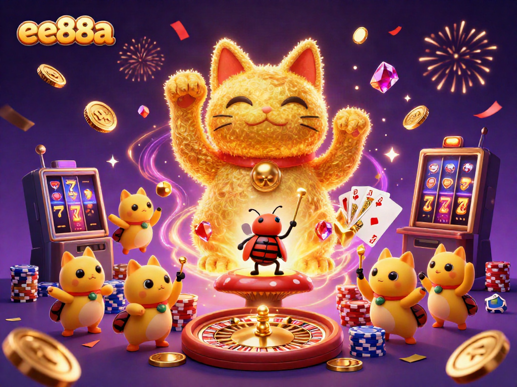 Capture the essence of ee88a with a lucky cat and casino symbols in a vibrant 3D digital illustration.