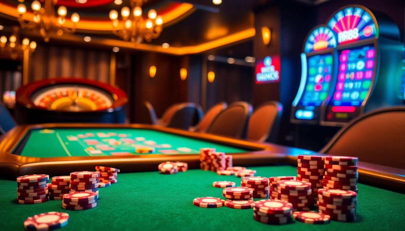 Experience thrilling gameplay at RR88 with a luxurious poker table and exciting casino ambiance.
