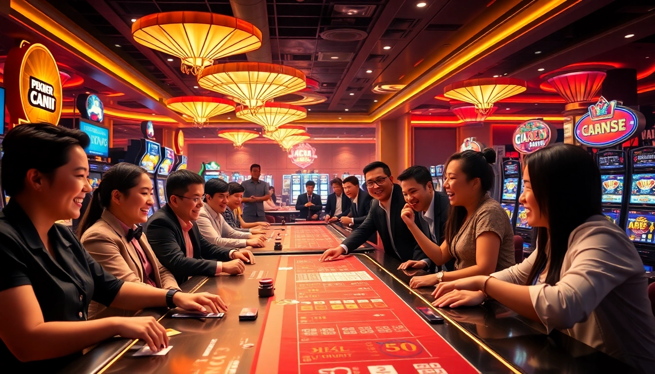 Engaged players at dagawin.live enjoying high-energy casino games with professional dealers, vibrant atmosphere.