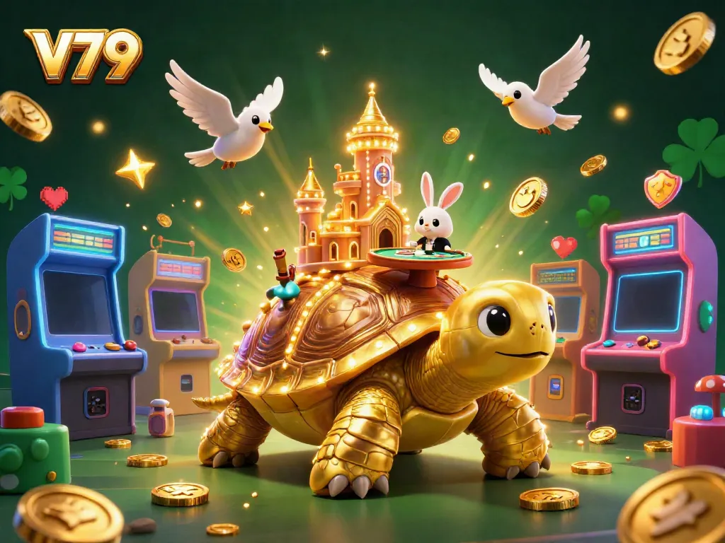 Experience thrilling gameplay at V79 with vibrant casino elements, an enchanting tortoise, and a rabbit dealer.