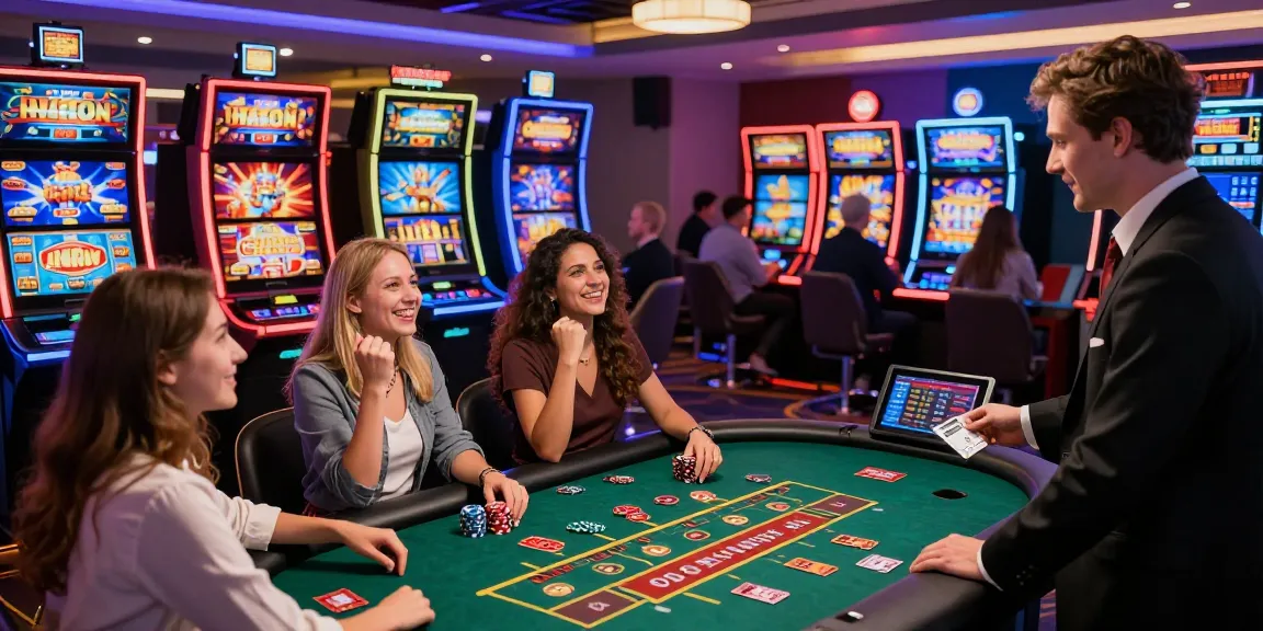 Exciting gaming scene from https://pavilions.org.uk featuring players at a vibrant credit card casino with slot machines and live games.