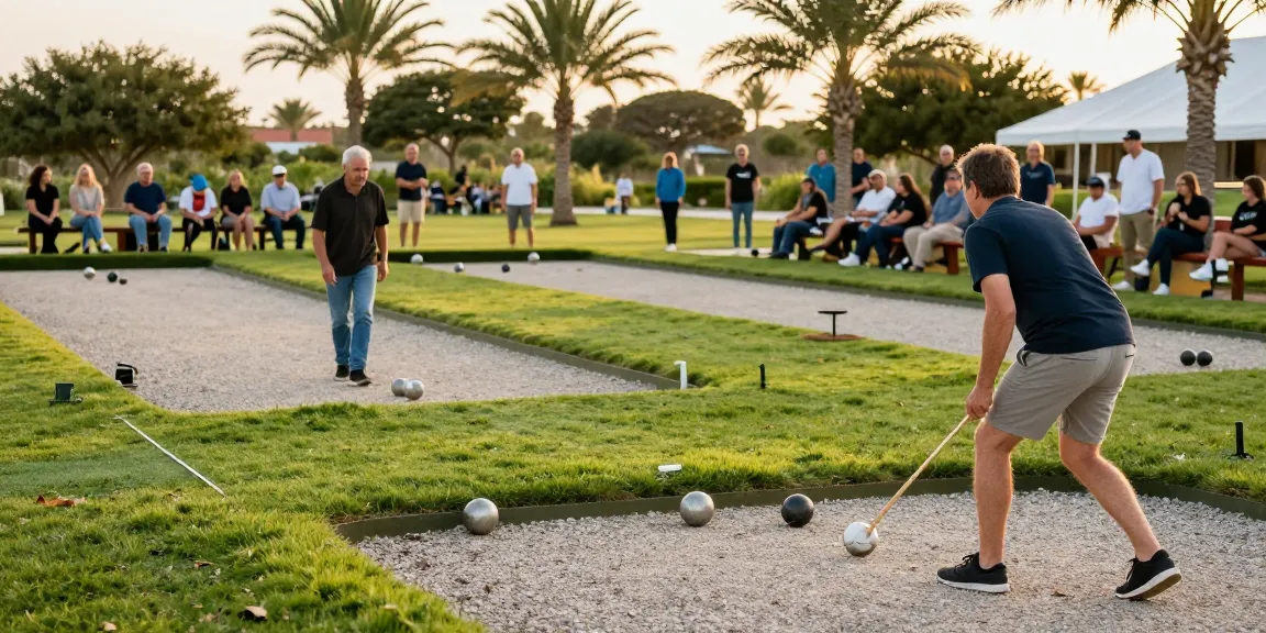 Petanque players enjoying a game at fopikotabontang.org during golden hour, showcasing community spirit.