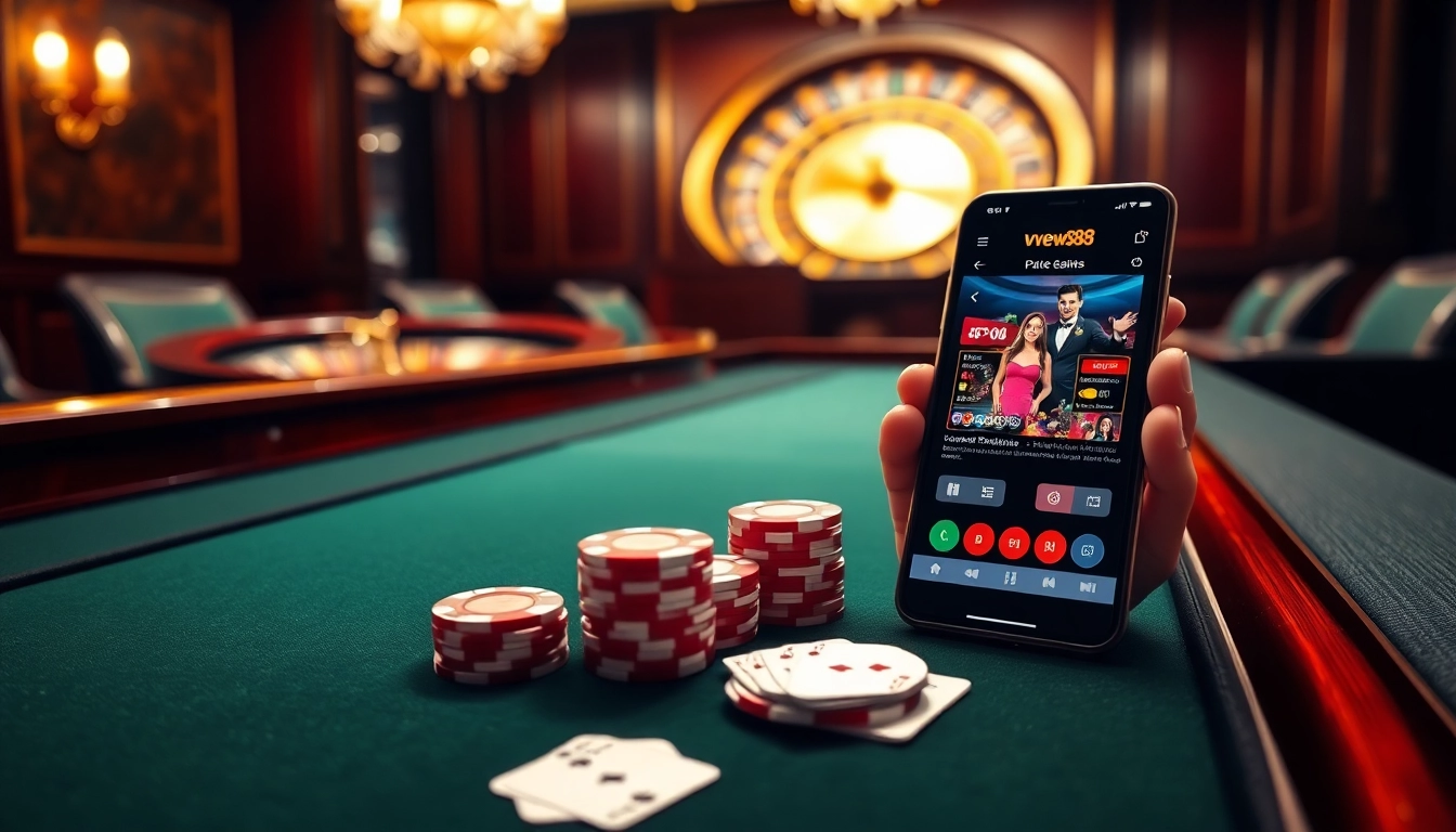 Experience the thrill of online gambling at https://vnew88.vip/ with an exquisite poker table, chips, and cards.