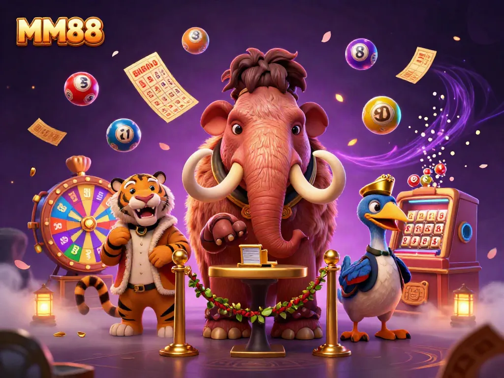 Join the MM88 casino fun with an energetic scene of a mammoth bouncer, saber-tooth guest, and dodo doorman.