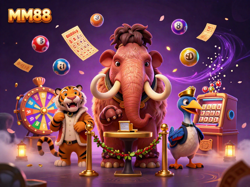 Join the MM88 casino fun with an energetic scene of a mammoth bouncer, saber-tooth guest, and dodo doorman.