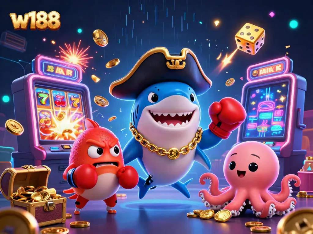 Experience the thrilling world of w188 with a vibrant 3D cartoon scene featuring a pirate shark, pufferfish, and octopus amidst casino games and gold coins.