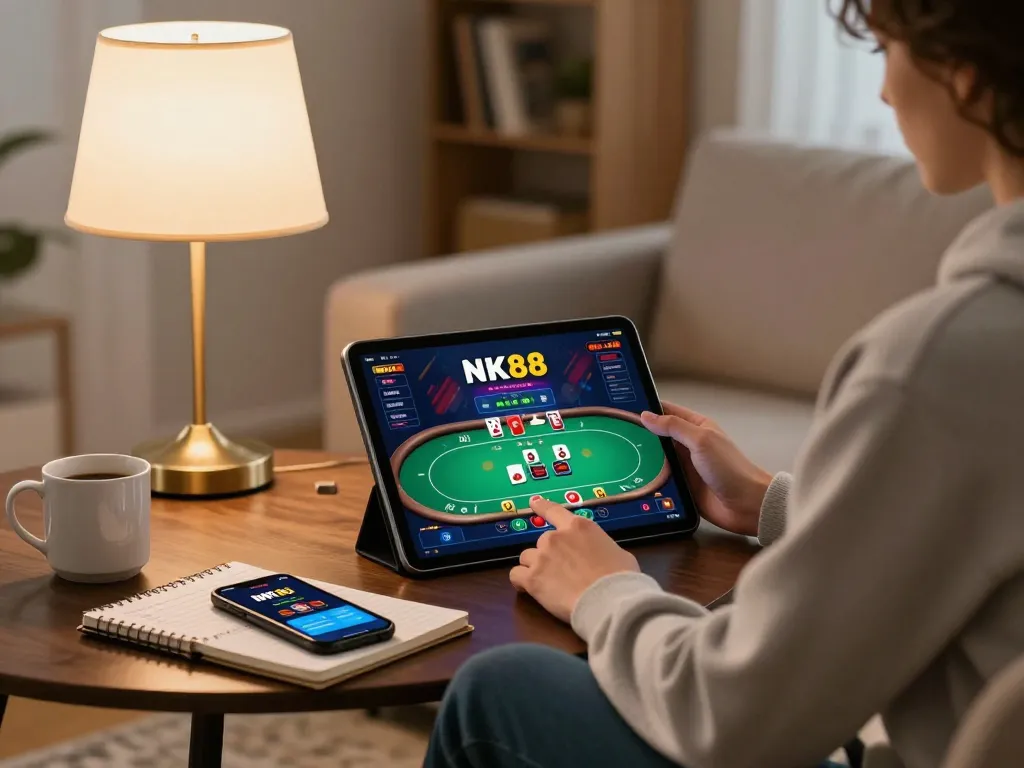 Play NK88 online poker on a tablet, showcasing a cozy gaming setup with strategic notes.